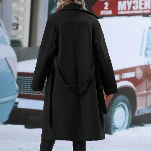 Women's Double Breasted  Lapel Neck Belted jacket Overcoat Black - Picture 2 of 6